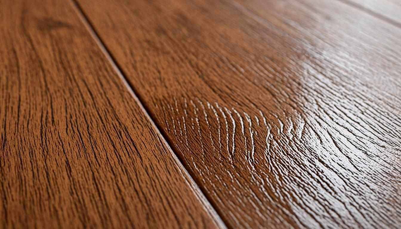 Close-up detail of LVP flooring surface showing the embossed wood grain texture and protective urethane wear layer coating.