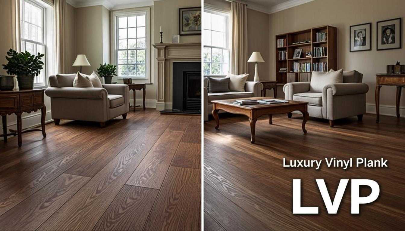 Side-by-side comparison of solid hardwood oak flooring (left) and luxury vinyl plank LVP (right) — both in warm medium brown tones in a modern home interior.