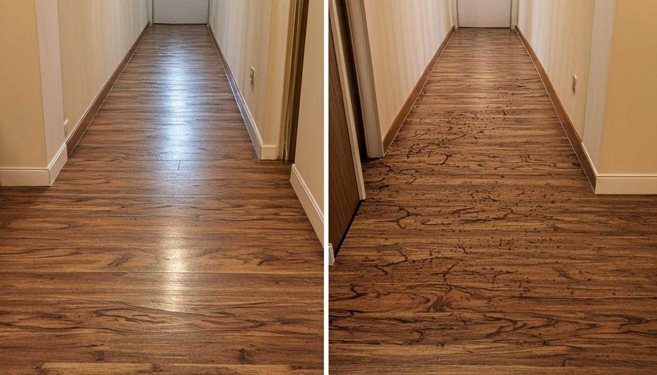 Worn LVP flooring showing scratches, dull finish, and separating seams compared to a pristine installation — common signs that replacement is needed.