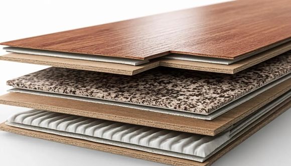 Cross-section view of luxury vinyl plank construction showing the protective wear layer, printed design layer, rigid core, and attached underlayment pad.