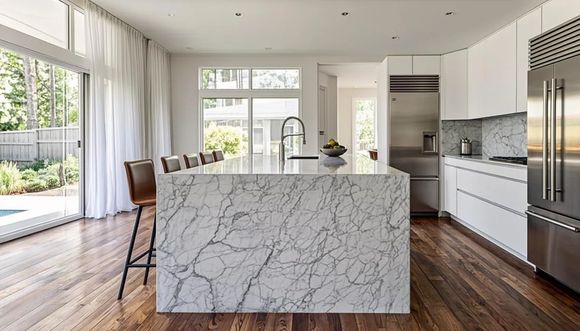 Open kitchen with luxury vinyl plank flooring in a high-traffic zone—areas like this benefit most from a 12 mil or 20 mil wear layer for long-term durability.