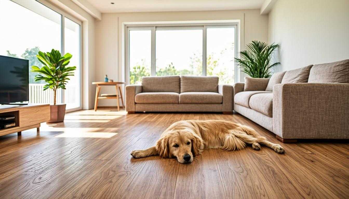 Modern living room with luxury vinyl plank flooring — an ideal pet-friendly setup