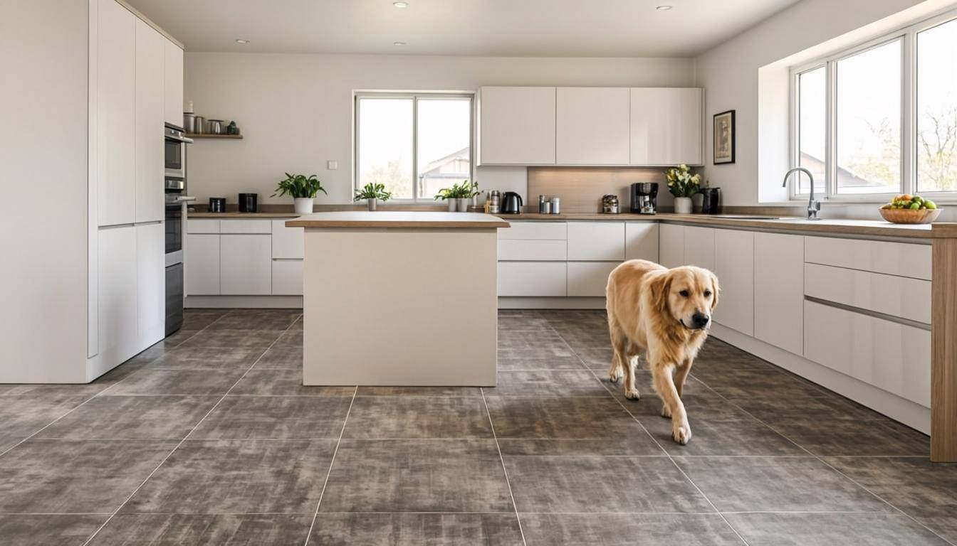 Matte-finish porcelain tile in a kitchen — nearly scratch-proof for large dogs