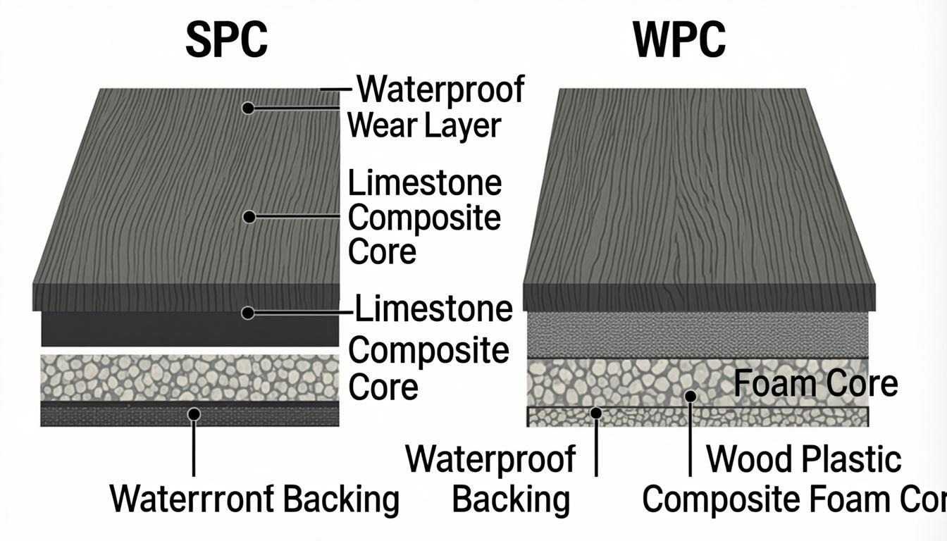 Cross-section comparison: SPC (limestone composite core, left) vs WPC (wood plastic composite foam core, right)