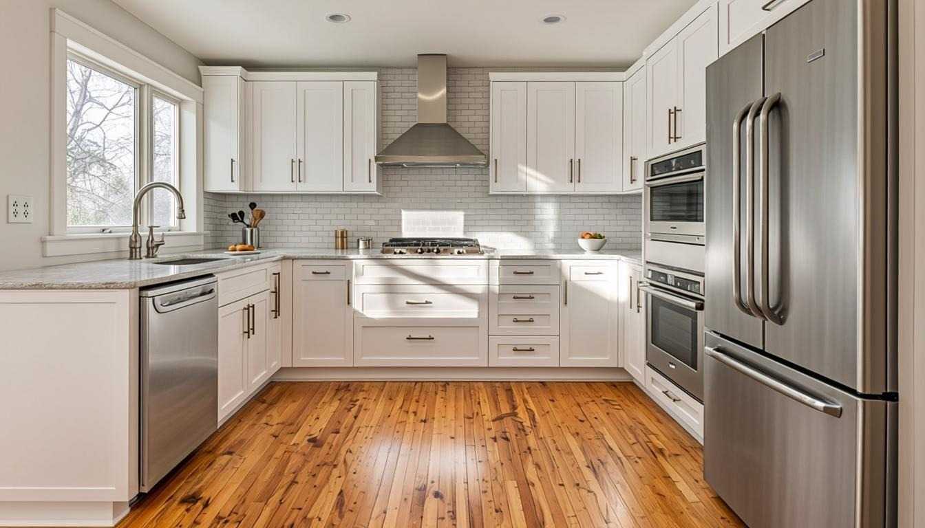 Waterproof vinyl plank flooring in a modern kitchen — SPC with a 16-mil wear layer is ideal for high-traffic cooking spaces