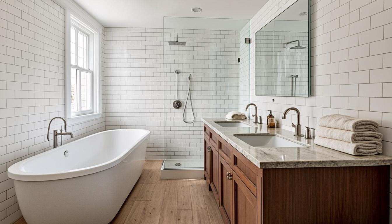 Light gray vinyl plank in a spa-style bathroom — WPC is recommended for its softer feel underfoot