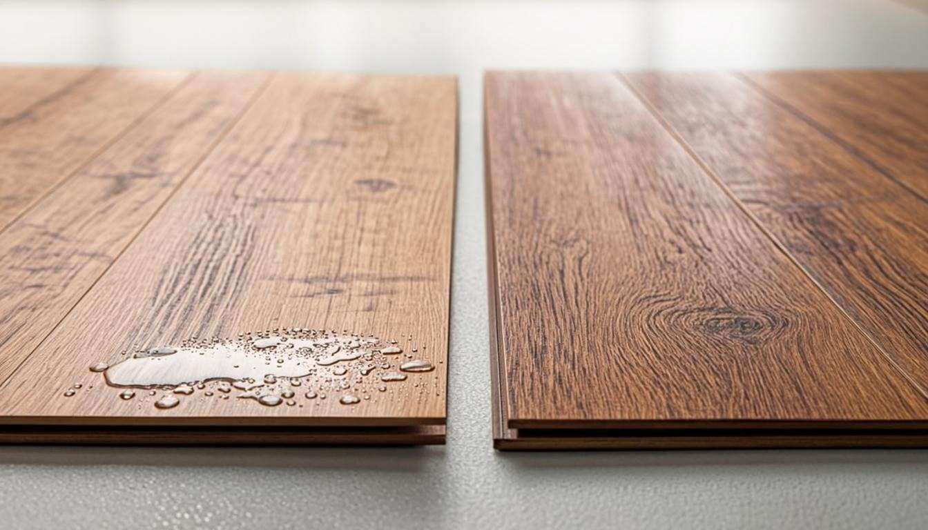 Water damage test: laminate (swollen and warped) versus vinyl (perfectly intact) — the core difference that matters
