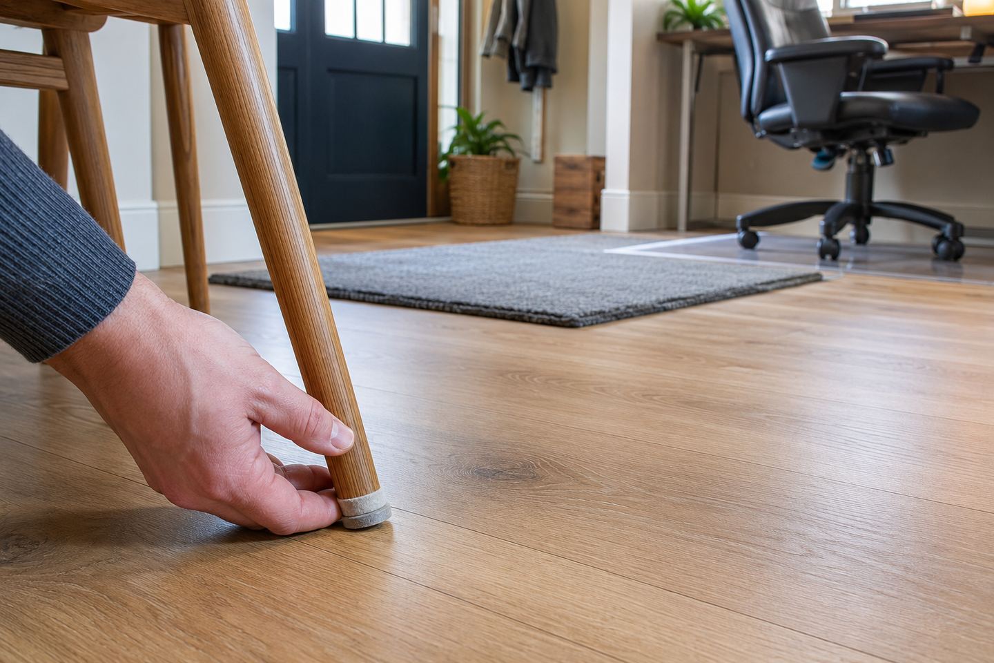 A felt pad is fitted beneath a chair leg with an entrance mat and office chair mat in the background.
