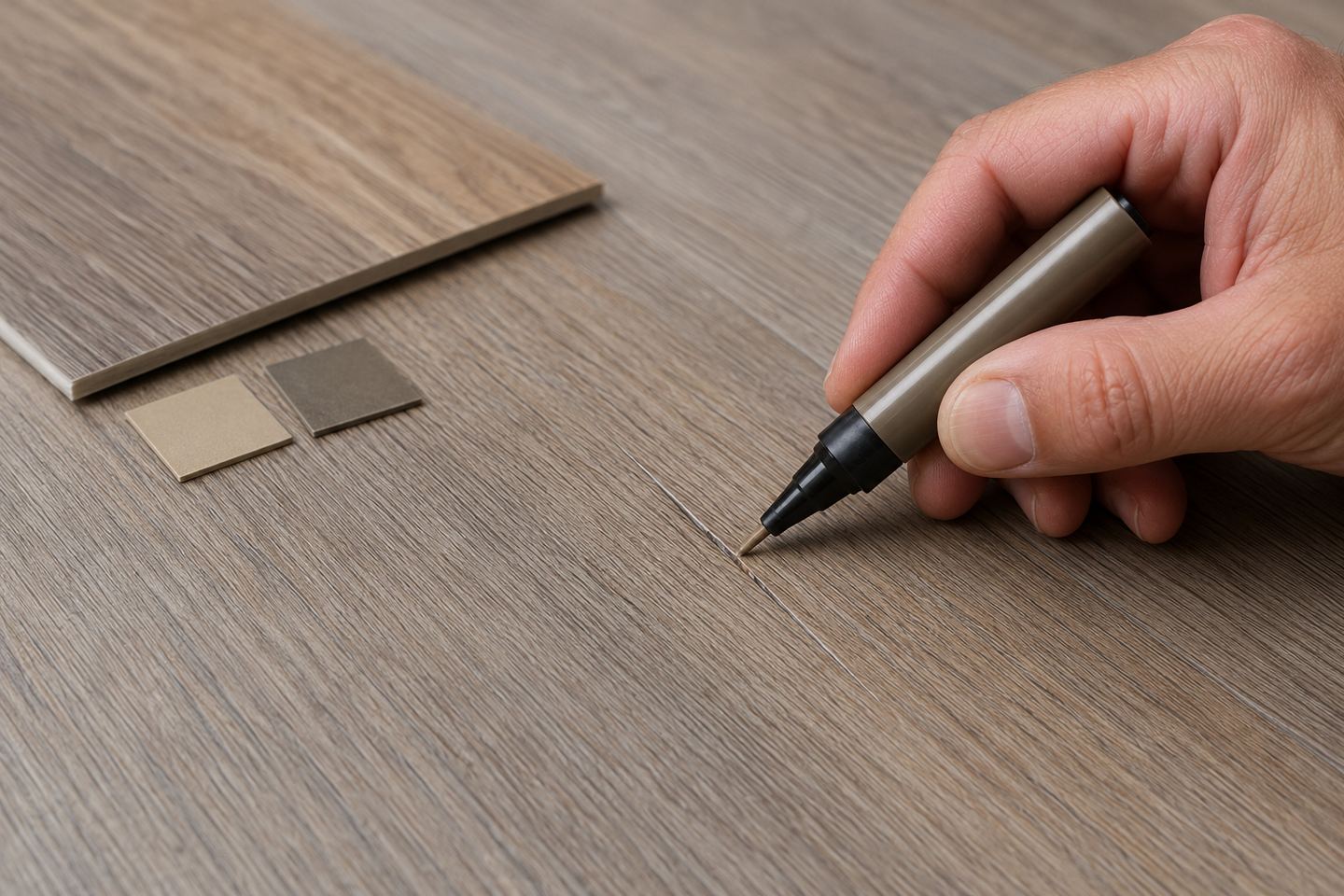 A fine-tip color-matched repair marker is applied only inside a narrow vinyl plank scratch.