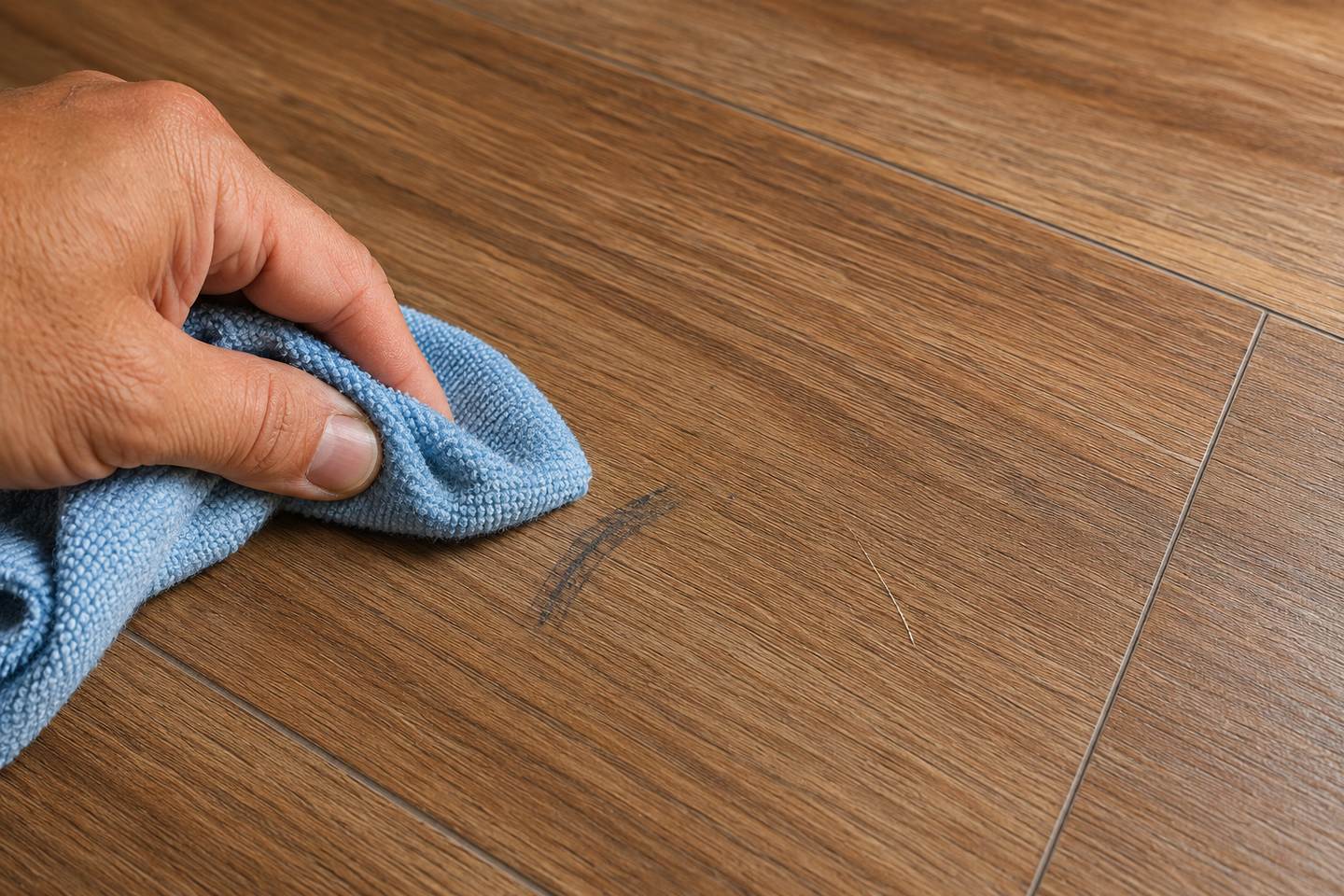 A microfiber cloth removes a dark scuff beside a fine scratch that remains in the vinyl surface.