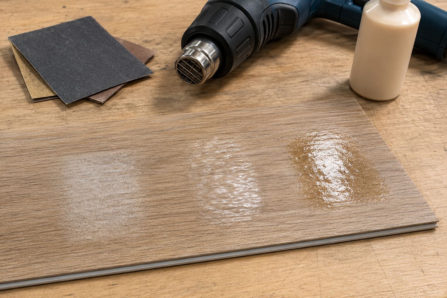 A spare vinyl plank sample shows damage from sandpaper, excessive heat, and furniture polish.