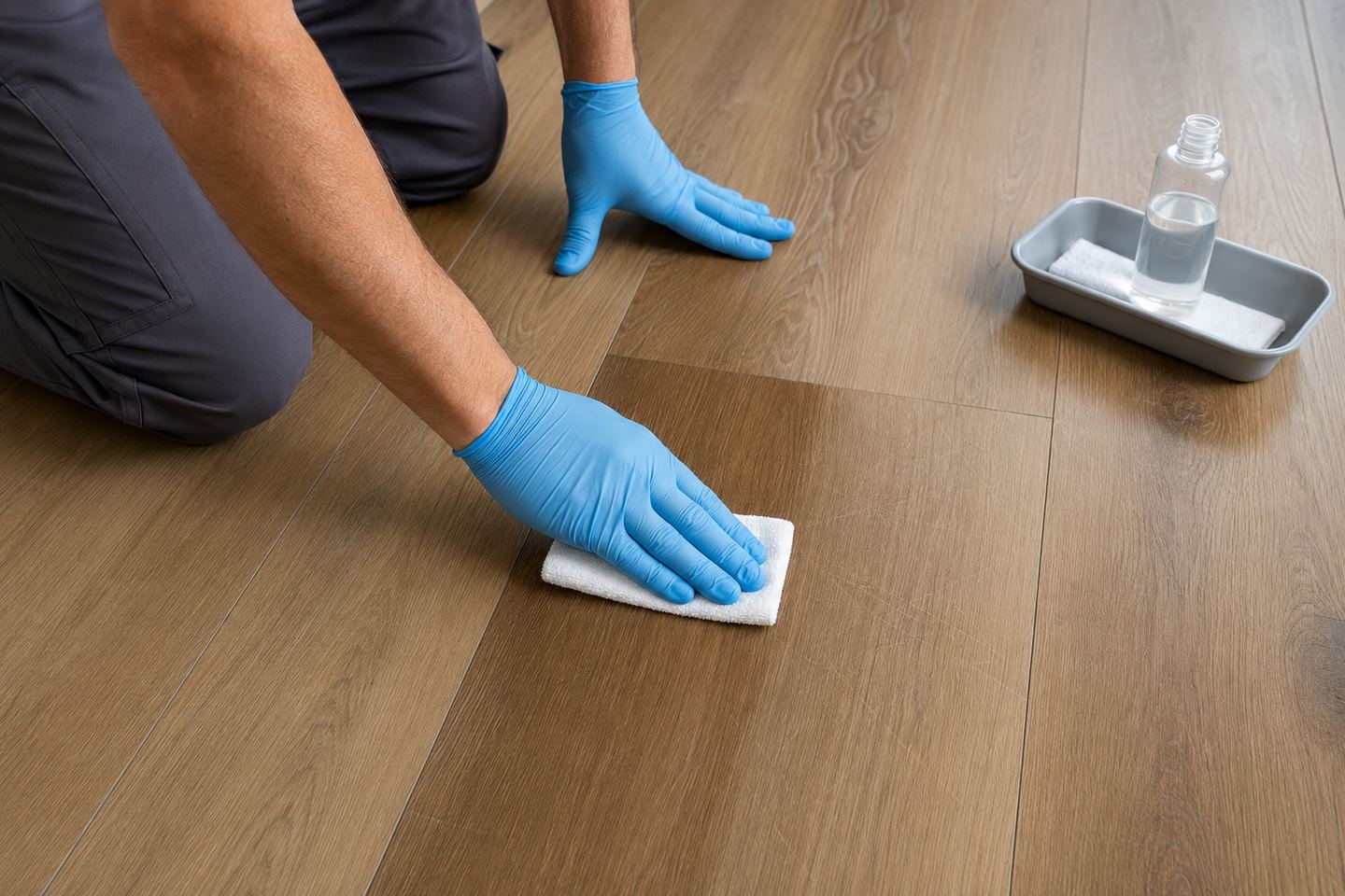 A technician applies a thin, even restoration coat to a scratched luxury vinyl plank.