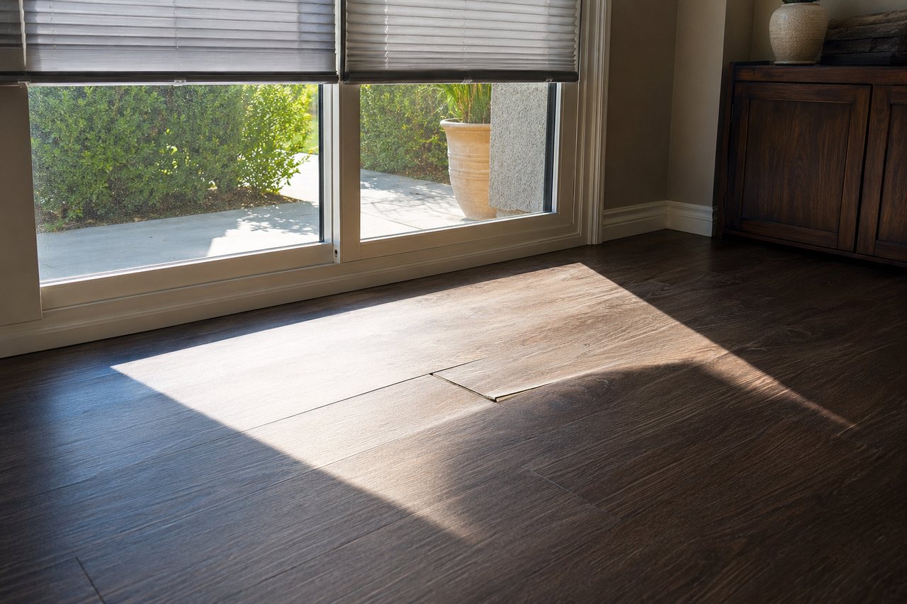 Bright afternoon sun falls through a large patio window onto dark vinyl plank flooring with a mildly lifted joint.