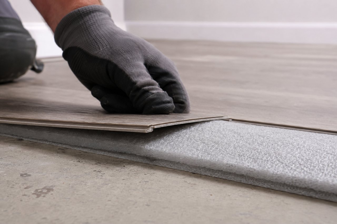 Close-up of a rigid-core vinyl plank with attached backing resting on an additional thick foam underlayment as the joint flexes.