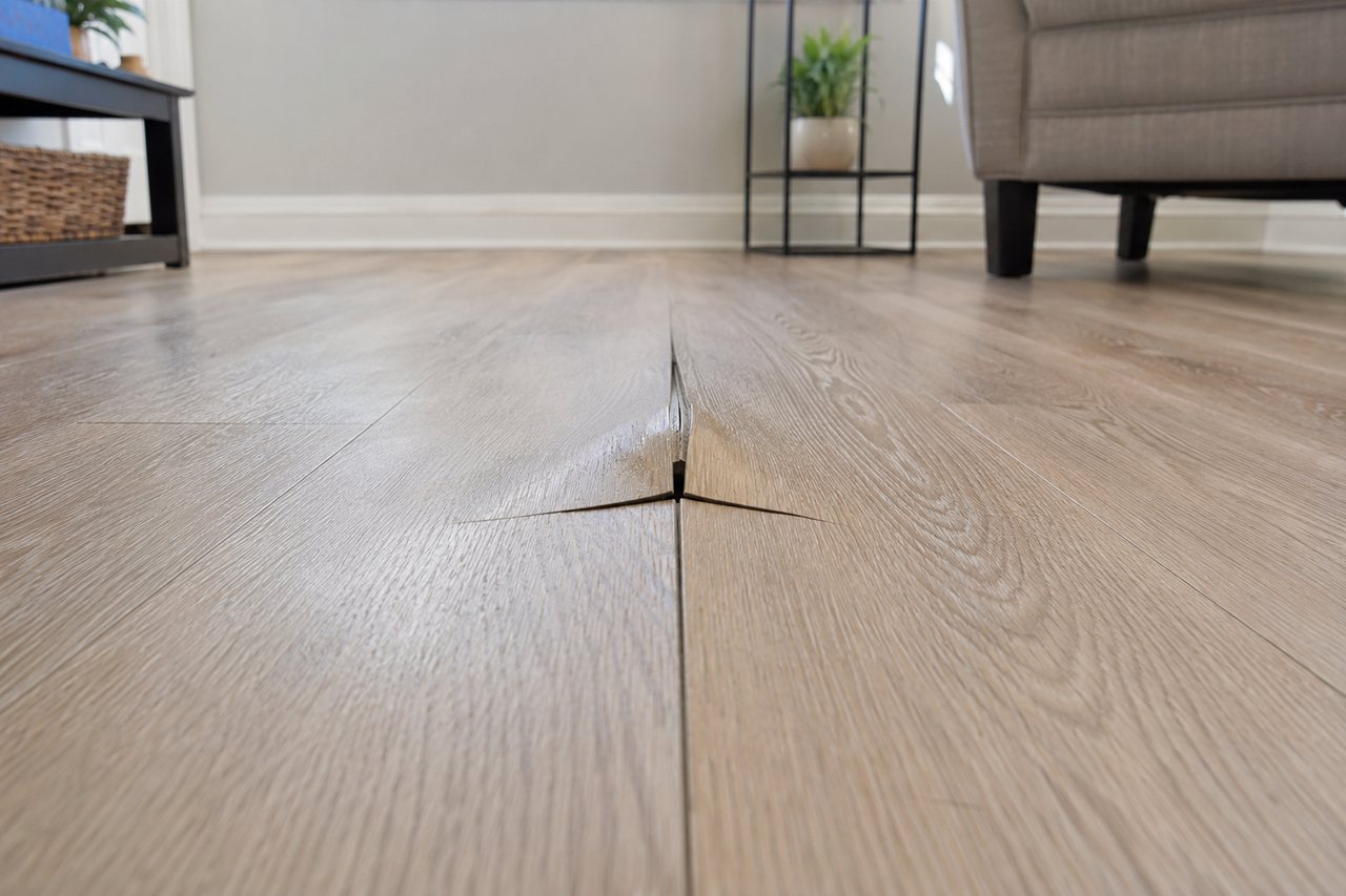 Close-up of wood-look vinyl plank flooring raised into a buckle along a click-lock joint in a living room.