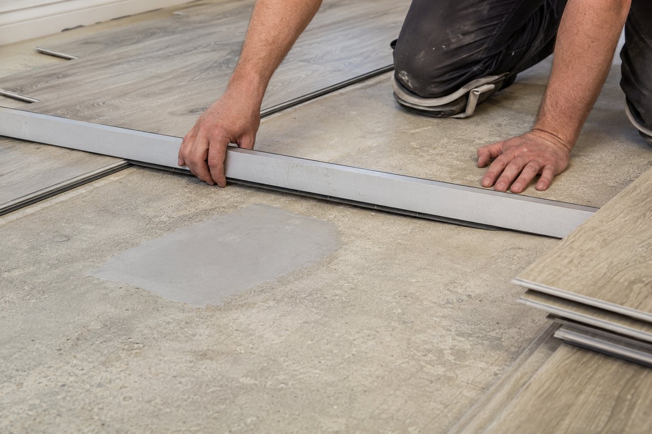 Flooring installer checks an exposed concrete subfloor with a long straightedge after lifting several rigid vinyl planks.