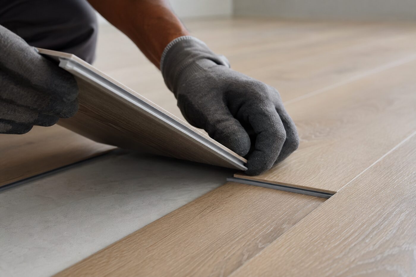 Flooring installer holding a vinyl plank at an angle while engaging its click-lock edge with the installed row.