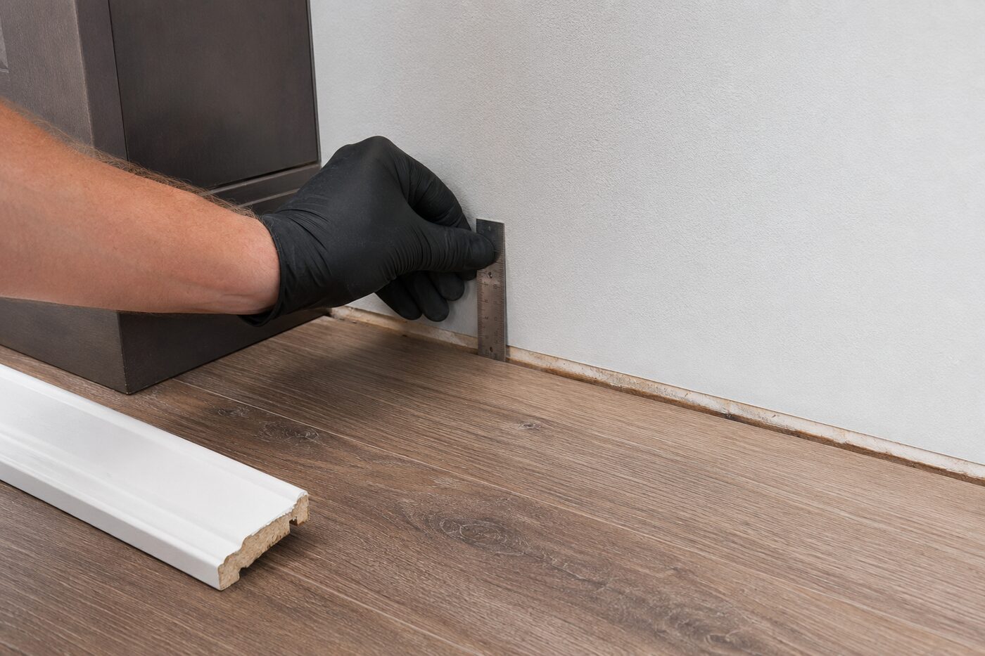 Flooring professional checking the vinyl floor perimeter after removing a short section of baseboard.