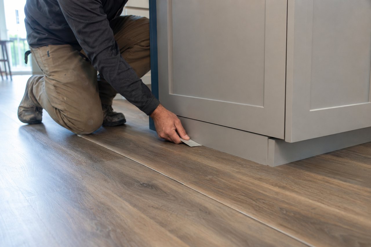 Flooring professional checks the tight edge of floating vinyl plank flooring at the toe kick of a fixed kitchen island.