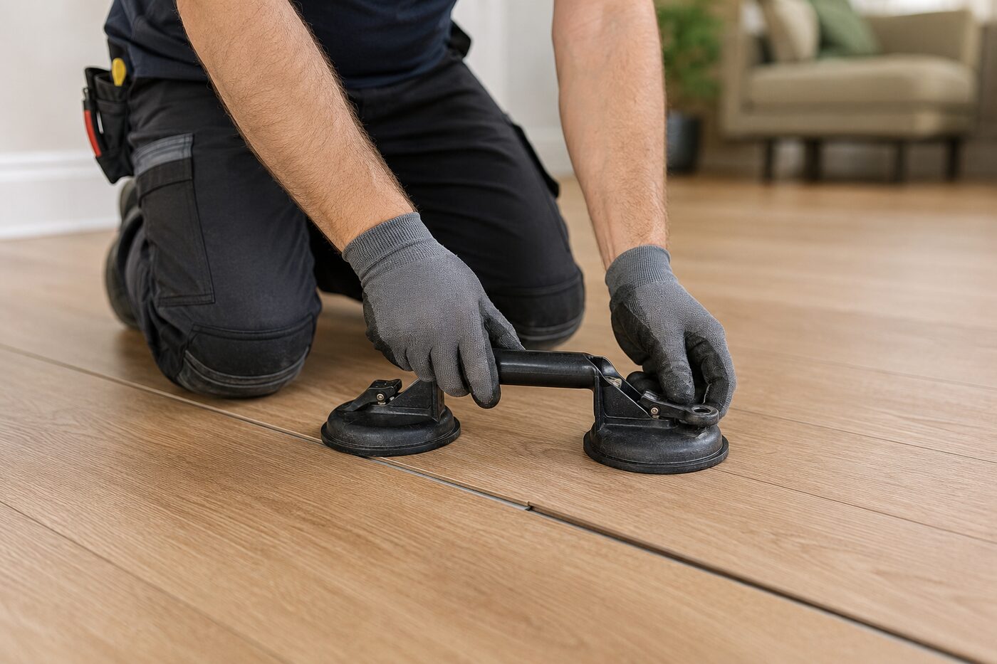 Flooring technician using a dual suction-cup tool to move a vinyl plank toward an open joint.