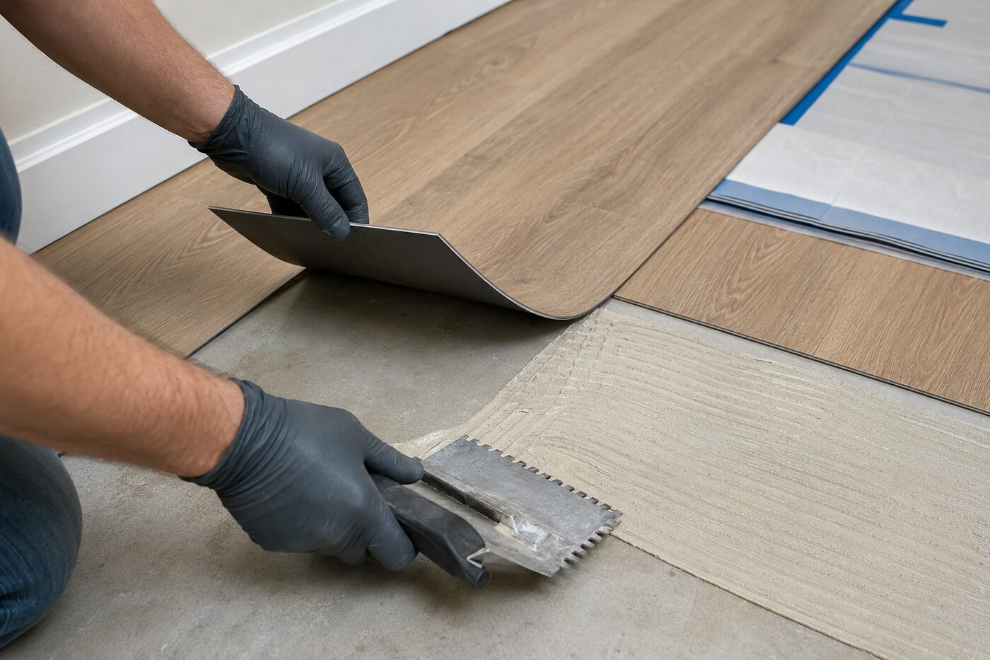 Installer lifting a loose glue-down vinyl plank edge and applying flooring adhesive to clean concrete with a notched trowel.