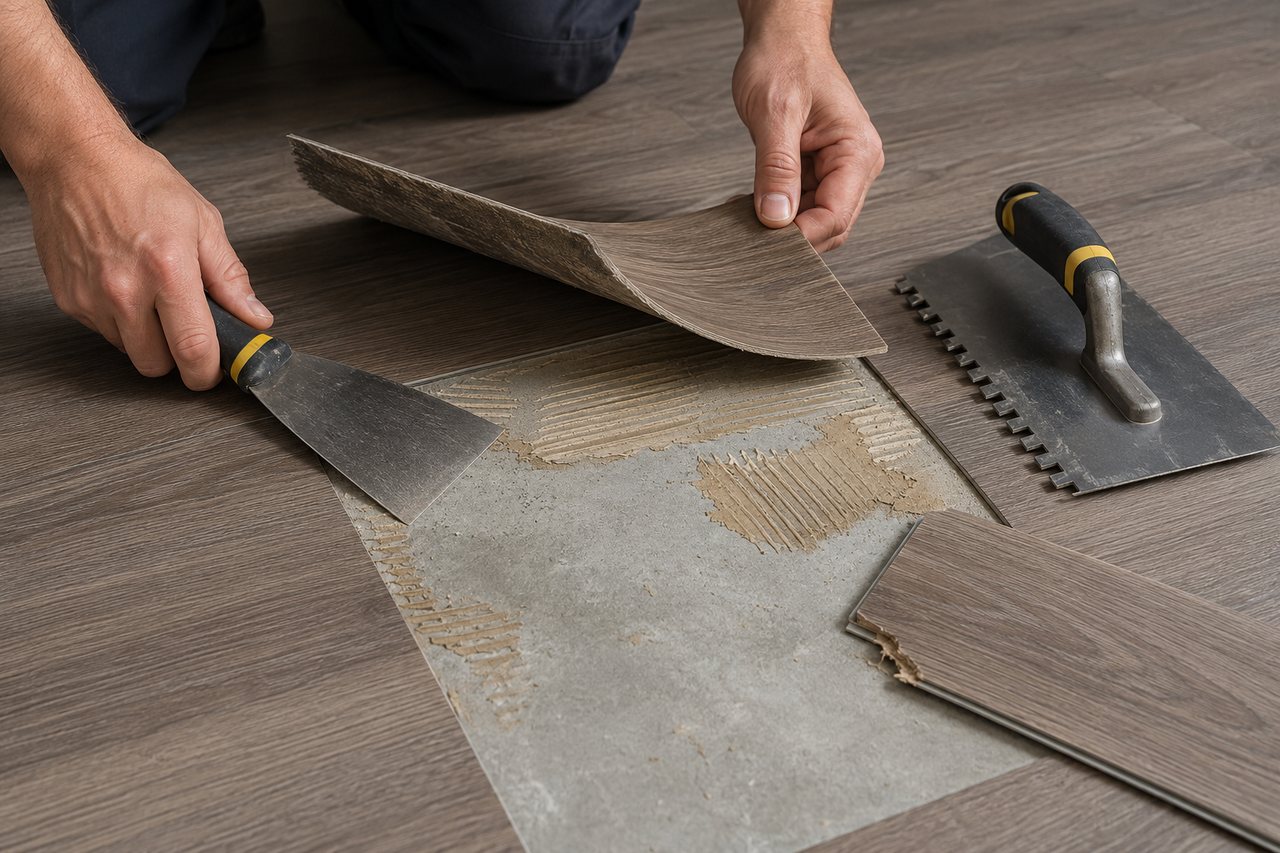 Installer lifts a loose glue-down vinyl plank to expose patchy adhesive transfer, with a chipped locking edge sample nearby.