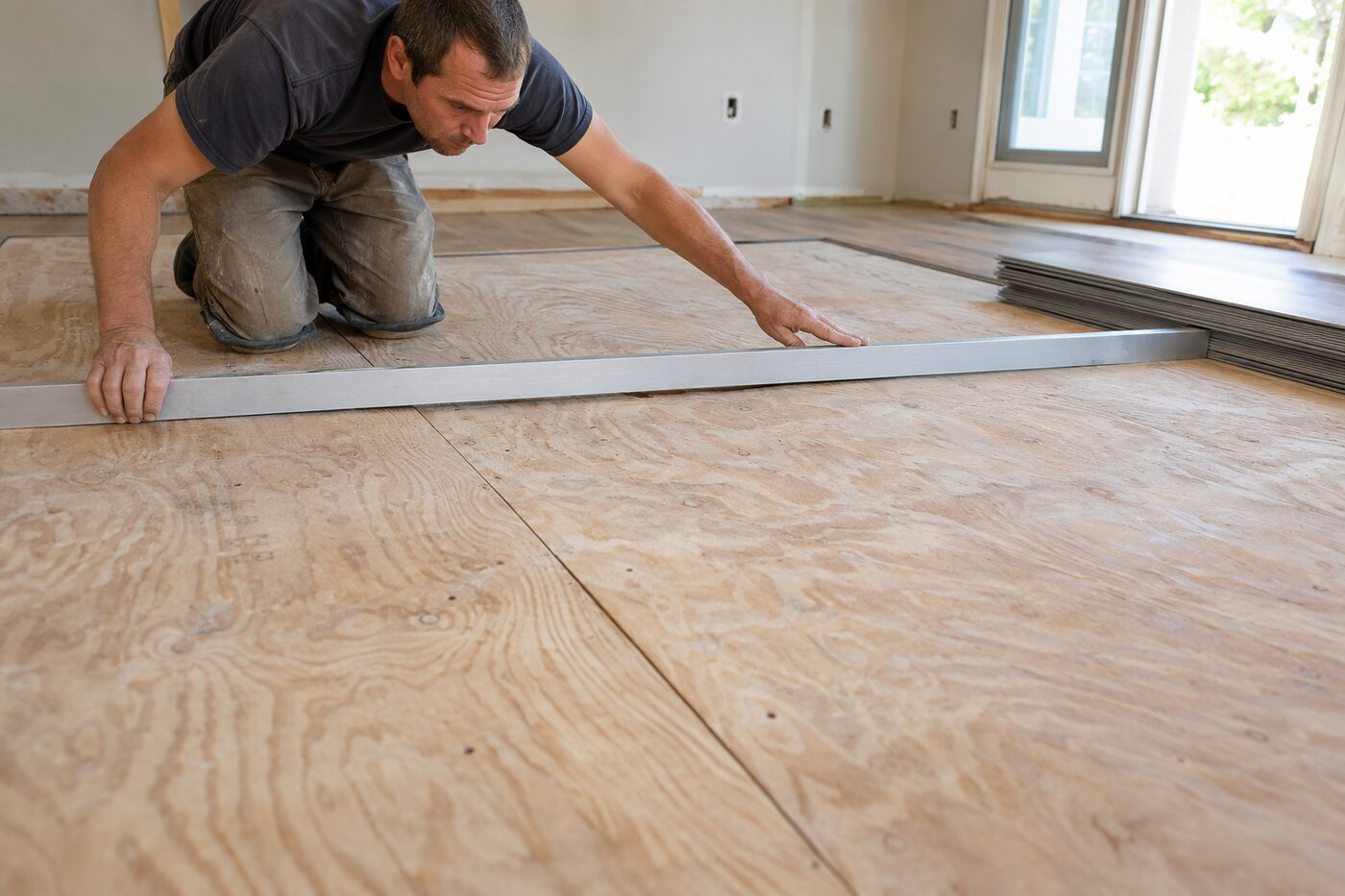 Installer using a long aluminum straightedge to identify a low spot in a plywood subfloor.