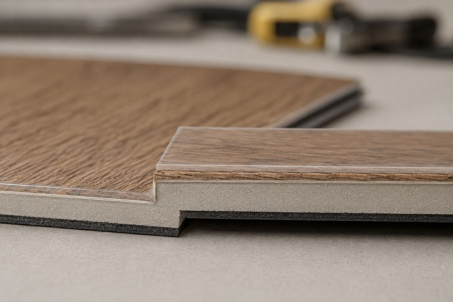 Photorealistic cutaway sample showing the layered construction of luxury vinyl plank.
