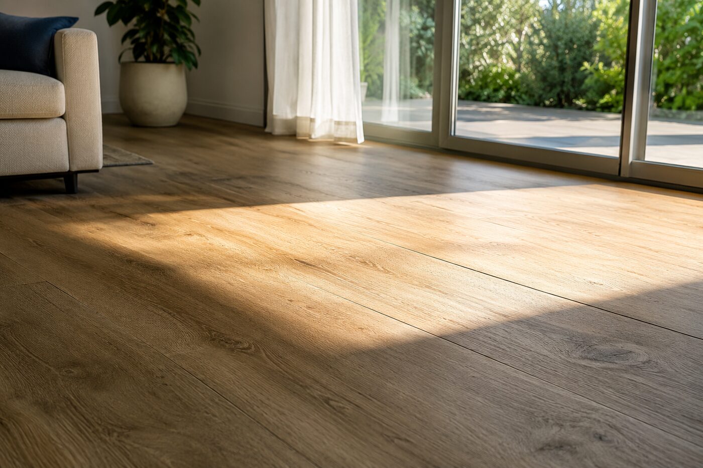Strong sunlight through a sliding glass door forming a bright heated area across vinyl plank flooring.