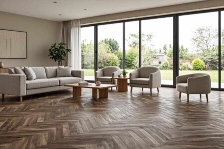 Wide plank vinyl flooring in a herringbone pattern — one of the most requested design trends in modern homes