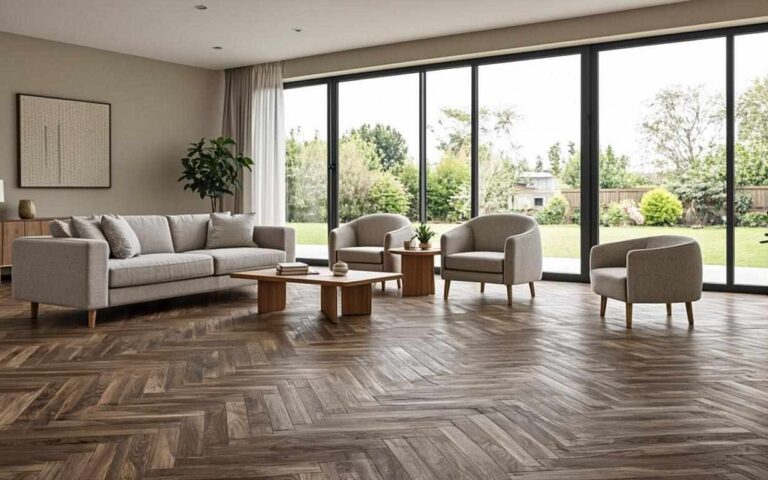 Wide plank vinyl flooring in a herringbone pattern — one of the most requested design trends in modern homes