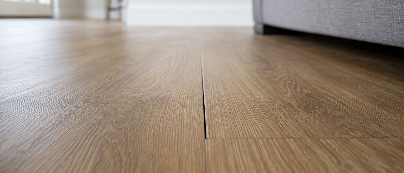 Close-up of a narrow separated short-end joint between oak-look vinyl planks in a living room.