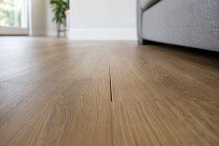 Close-up of a narrow separated short-end joint between oak-look vinyl planks in a living room.