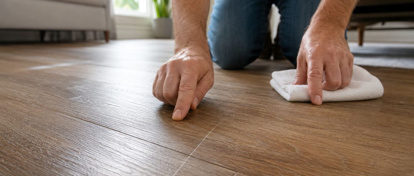 Close view of a homeowner inspecting a fine scratch on oak-look luxury vinyl plank flooring.
